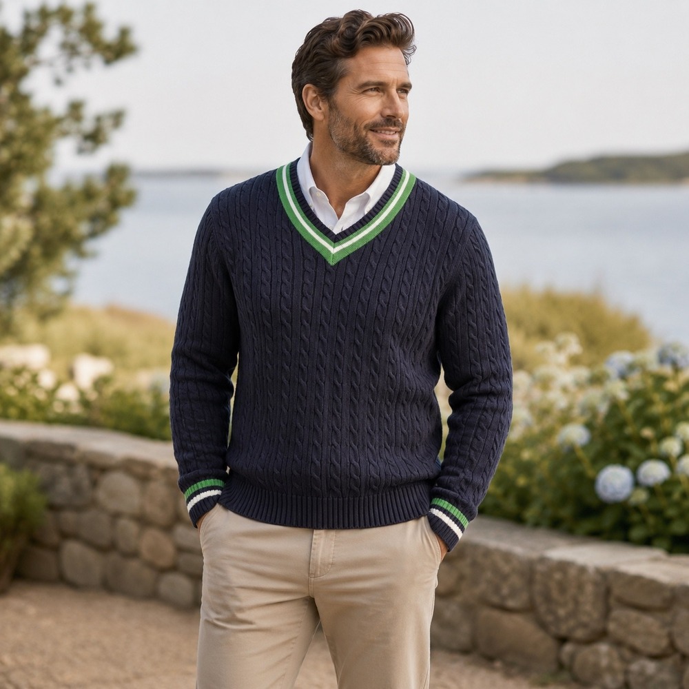 Lands End Sweater Mens XL Navy Blue Cotton Cable Knit Preppy V-Neck Striped Trim
